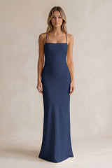 Sheath Satin Spaghetti Strap Bridesmaid Dress in Navy | KISSBRIDAL