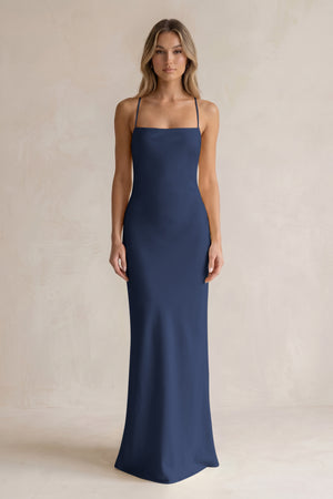 Sheath Satin Spaghetti Strap Bridesmaid Dress in Navy | KISSBRIDAL