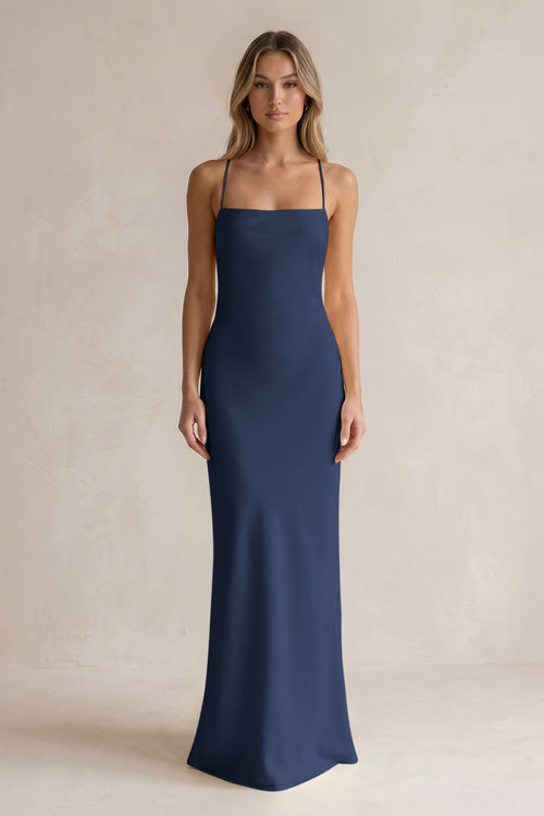 Sheath Satin Spaghetti Strap Bridesmaid Dress in Navy | KISSBRIDAL