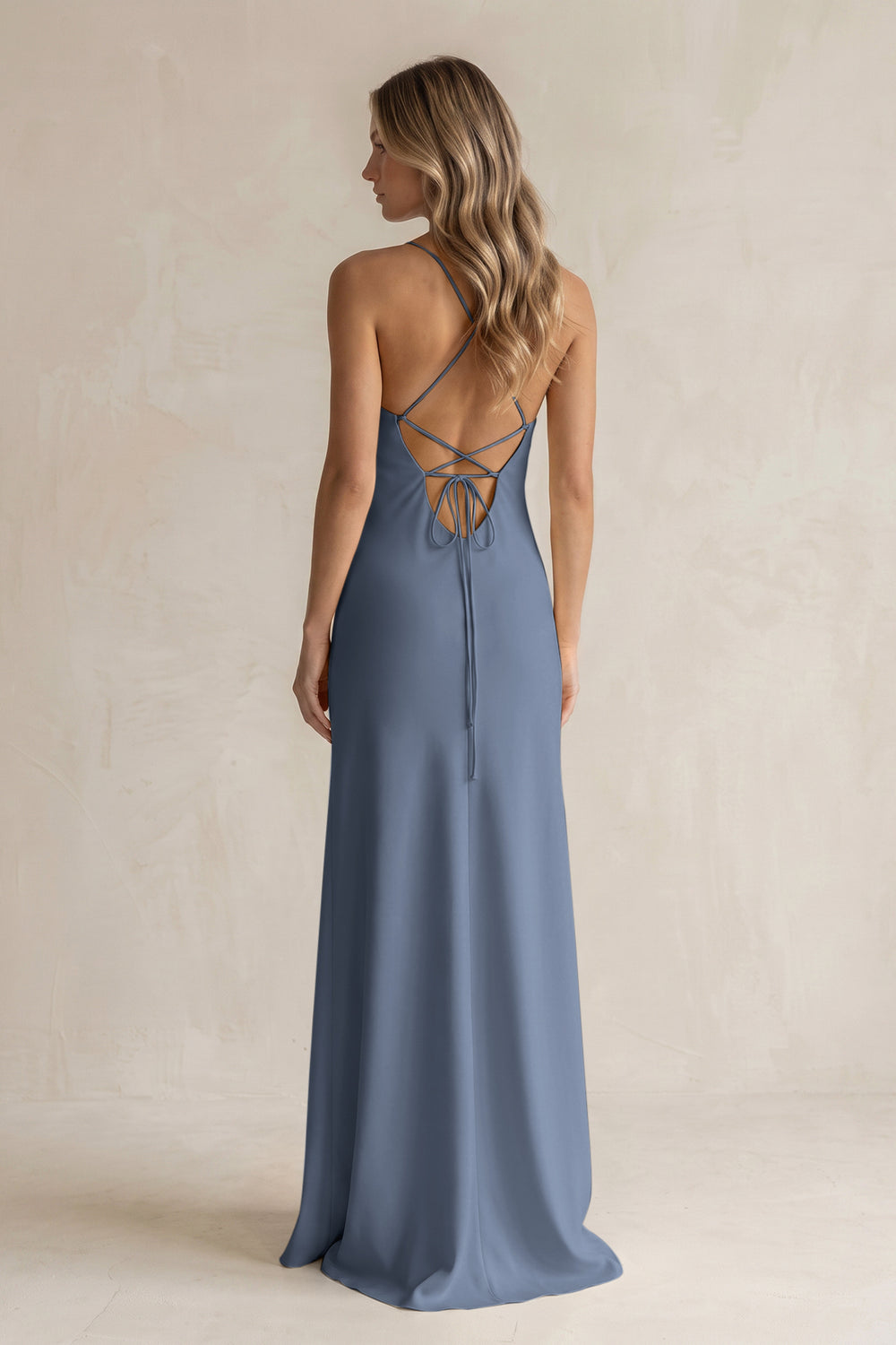 Sheath Satin Spaghetti Strap Bridesmaid Dress in Neptune