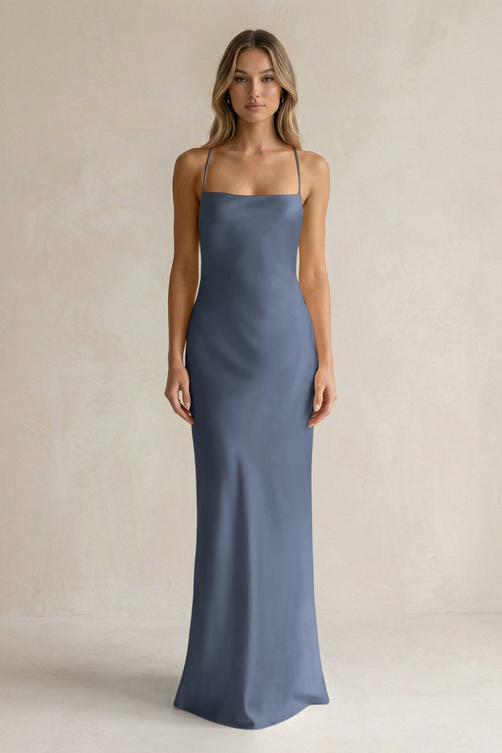 Sheath Satin Spaghetti Strap Bridesmaid Dress in Neptune - KISS BRIDAL Bridesmaid Dresses