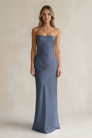 Sheath Satin Spaghetti Strap Bridesmaid Dress in Neptune - KISS BRIDAL Bridesmaid Dresses