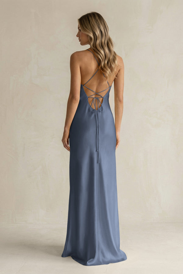 Sheath Satin Spaghetti Strap Bridesmaid Dress in Neptune - KISS BRIDAL Bridesmaid Dresses