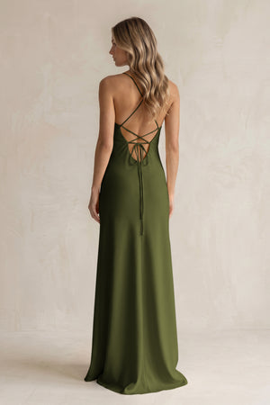 Sheath Satin Spaghetti Strap Bridesmaid Dress in Olive (2) | KISSBRIDAL