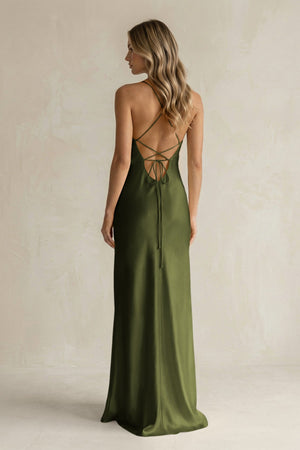 Sheath Satin Spaghetti Strap Bridesmaid Dress in Olive - KISS BRIDAL Bridesmaid Dresses