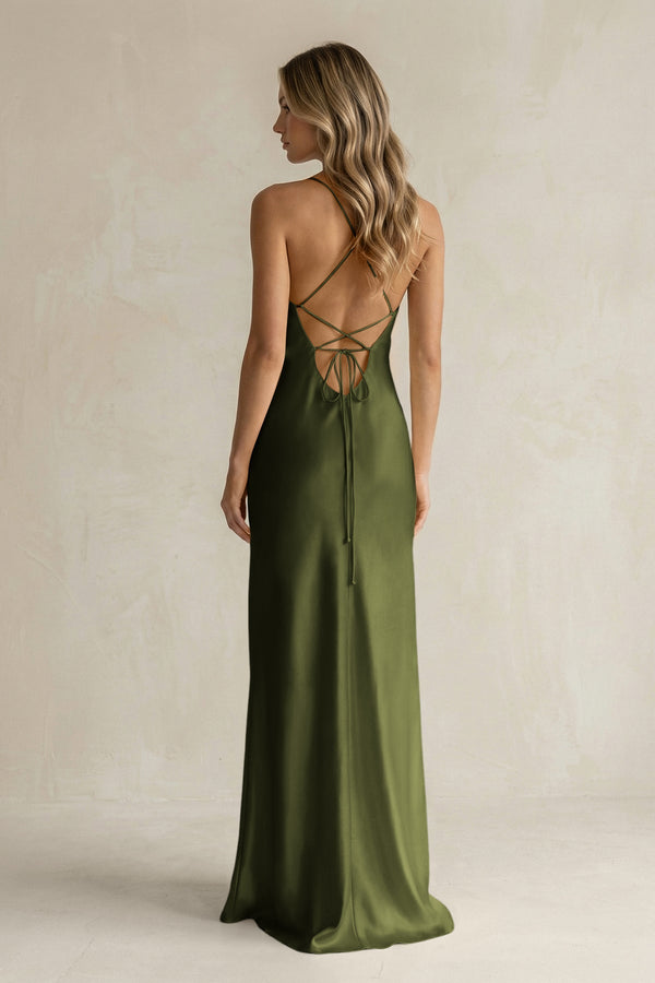 Sheath Satin Spaghetti Strap Bridesmaid Dress in Olive - KISS BRIDAL Bridesmaid Dresses
