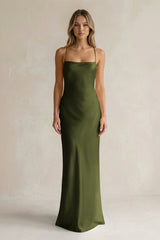 Sheath Satin Spaghetti Strap Bridesmaid Dress in Olive - KISS BRIDAL Bridesmaid Dresses