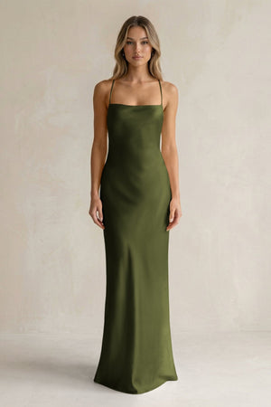 Sheath Satin Spaghetti Strap Bridesmaid Dress in Olive - KISS BRIDAL Bridesmaid Dresses