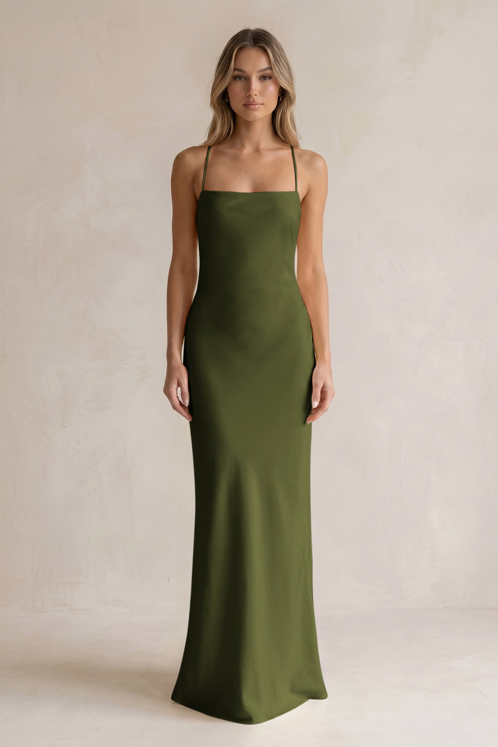 Sheath Satin Spaghetti Strap Bridesmaid Dress in Olive