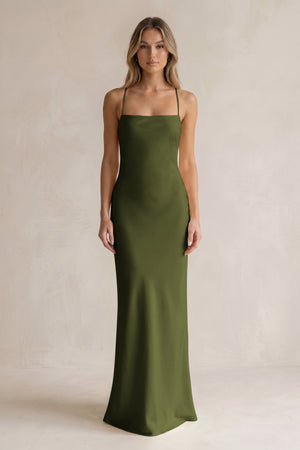 Sheath Satin Spaghetti Strap Bridesmaid Dress in Olive | KISSBRIDAL
