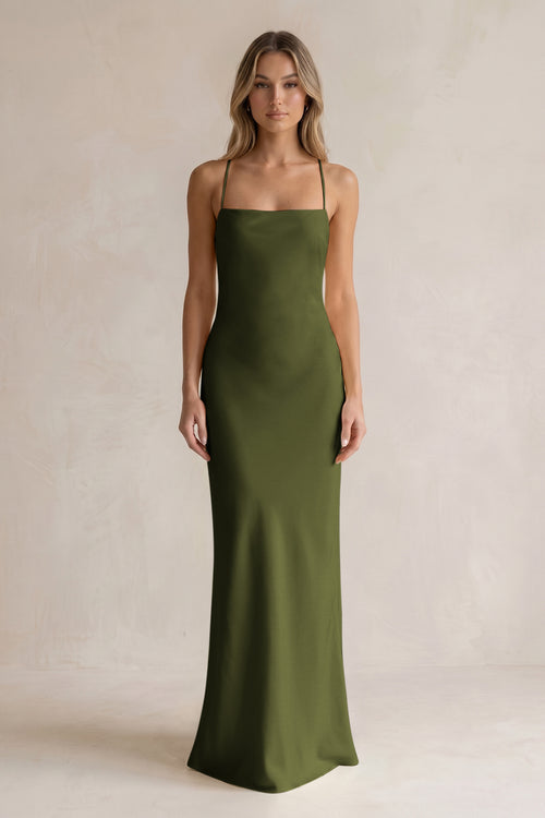 Sheath Satin Spaghetti Strap Bridesmaid Dress in Olive | KISSBRIDAL