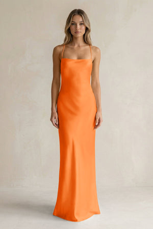 Sheath Satin Spaghetti Strap Bridesmaid Dress in Orange - KISS BRIDAL Bridesmaid Dresses
