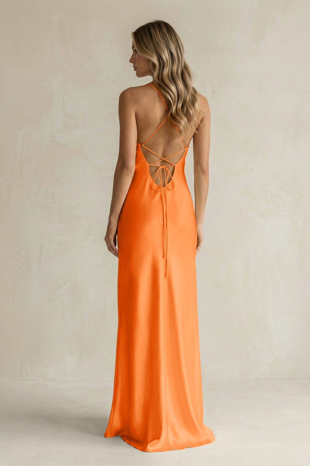 Sheath Satin Spaghetti Strap Bridesmaid Dress in Orange - KISS BRIDAL Bridesmaid Dresses
