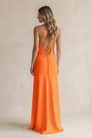 Sheath Satin Spaghetti Strap Bridesmaid Dress in Orange (2) | KISSBRIDAL
