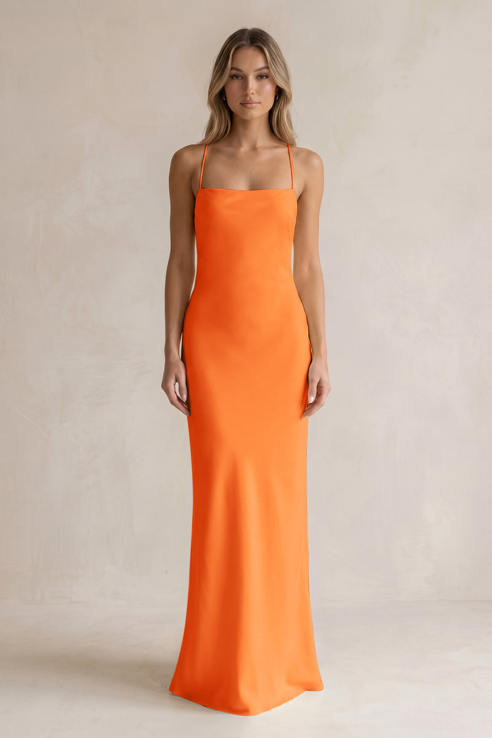 Sheath Satin Spaghetti Strap Bridesmaid Dress in Orange