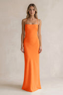 Sheath Satin Spaghetti Strap Bridesmaid Dress in Orange | KISSBRIDAL
