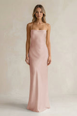 Sheath Satin Spaghetti Strap Bridesmaid Dress in Pale Blush - KISS BRIDAL Bridesmaid Dresses