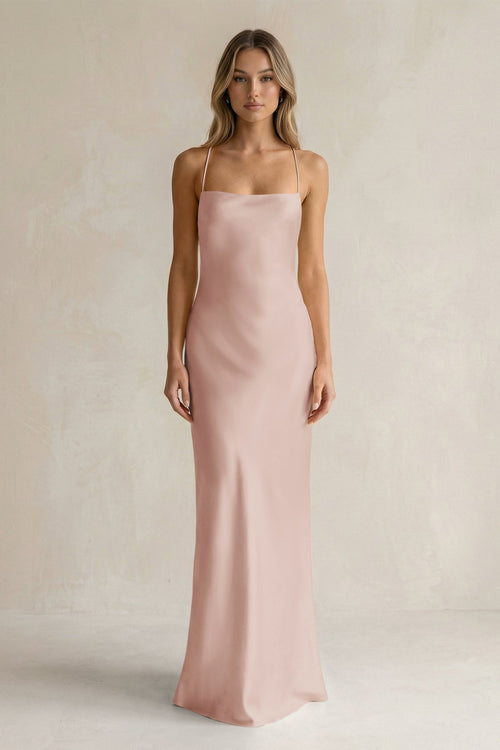 Sheath Satin Spaghetti Strap Bridesmaid Dress in Pale Blush - KISS BRIDAL Bridesmaid Dresses