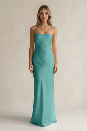 Sheath Satin Spaghetti Strap Bridesmaid Dress in Pale Pistachio - KISS BRIDAL Bridesmaid Dresses