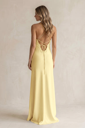Sheath Satin Spaghetti Strap Bridesmaid Dress in Pastel Yellow (2) | KISSBRIDAL