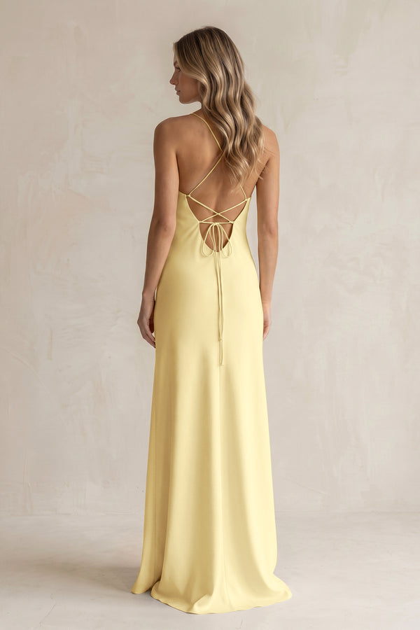 Sheath Satin Spaghetti Strap Bridesmaid Dress in Pastel Yellow (2) | KISSBRIDAL