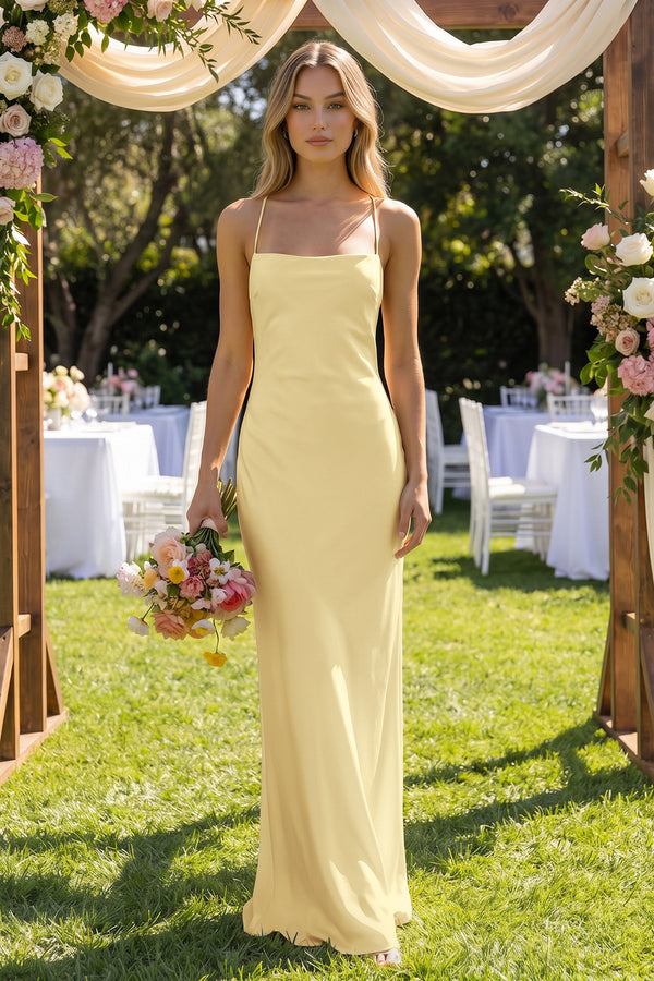 Sheath Satin Spaghetti Strap Bridesmaid Dress in Pastel Yellow (3) | KISSBRIDAL