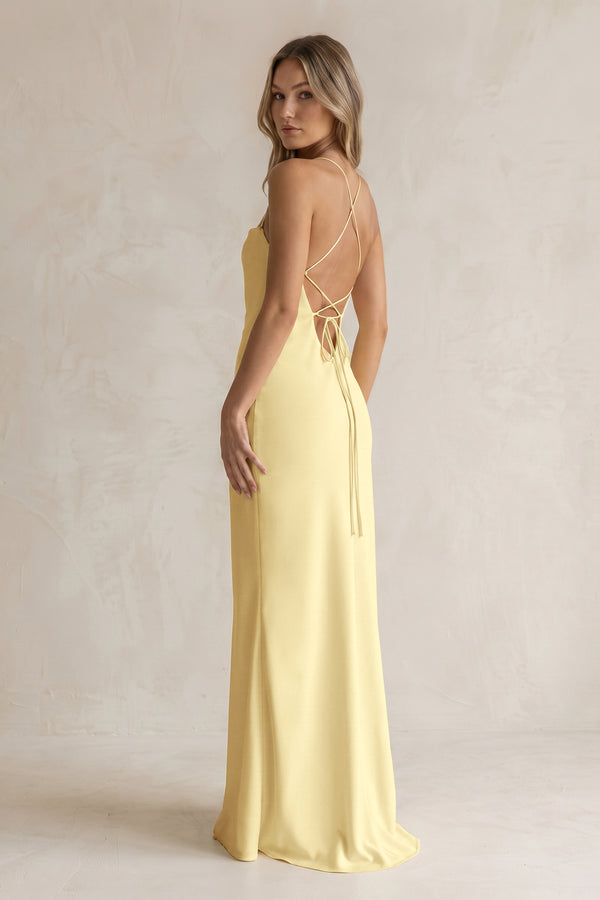 Sheath Satin Spaghetti Strap Bridesmaid Dress in Pastel Yellow (4) | KISSBRIDAL