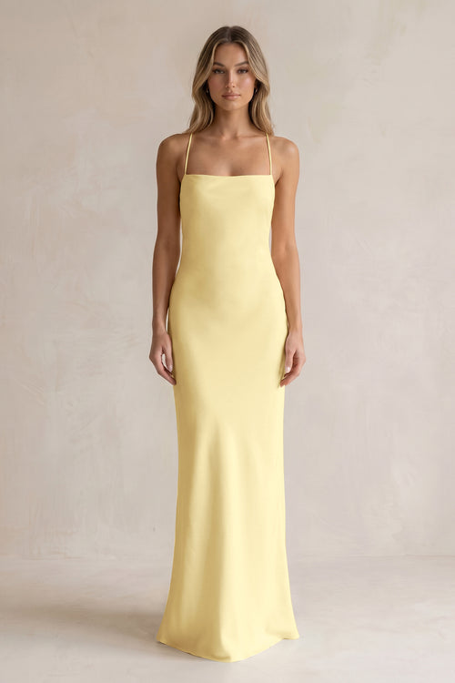 Sheath Satin Spaghetti Strap Bridesmaid Dress in Pastel Yellow | KISSBRIDAL
