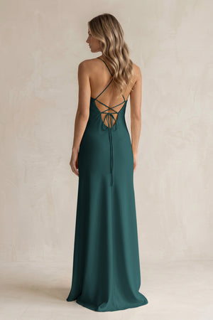 Sheath Satin Spaghetti Strap Bridesmaid Dress in Pine (2) | KISSBRIDAL