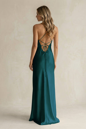 Sheath Satin Spaghetti Strap Bridesmaid Dress in Pine - KISS BRIDAL Bridesmaid Dresses