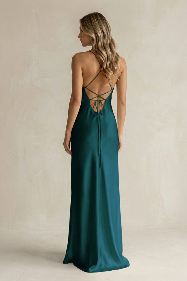 Sheath Satin Spaghetti Strap Bridesmaid Dress in Pine - KISS BRIDAL Bridesmaid Dresses