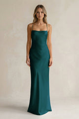 Sheath Satin Spaghetti Strap Bridesmaid Dress in Pine - KISS BRIDAL Bridesmaid Dresses