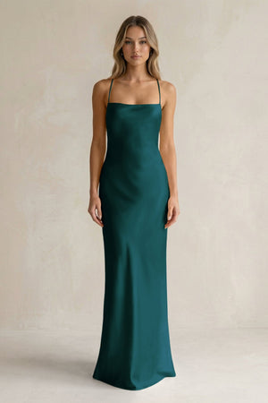 Sheath Satin Spaghetti Strap Bridesmaid Dress in Pine - KISS BRIDAL Bridesmaid Dresses
