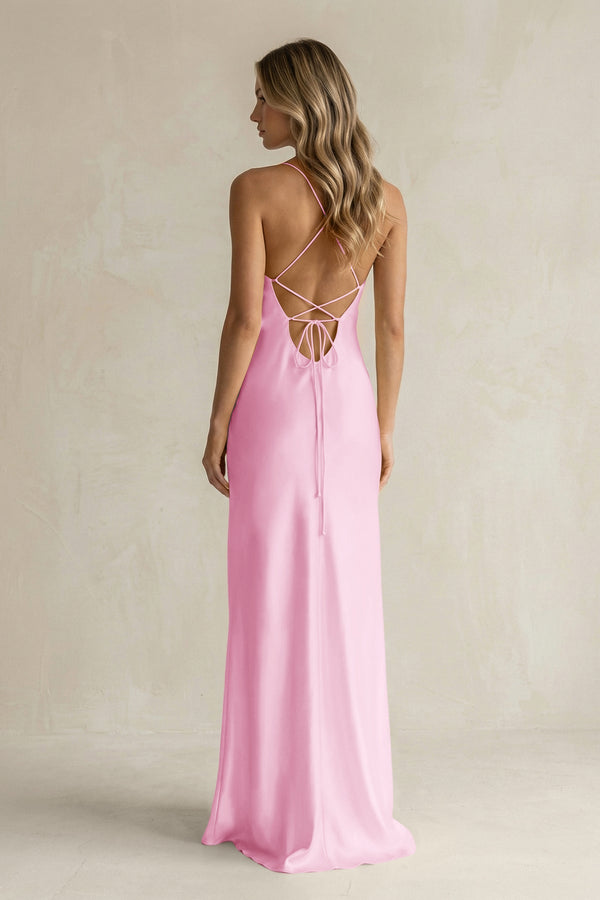 Sheath Satin Spaghetti Strap Bridesmaid Dress in Pink - KISS BRIDAL Bridesmaid Dresses