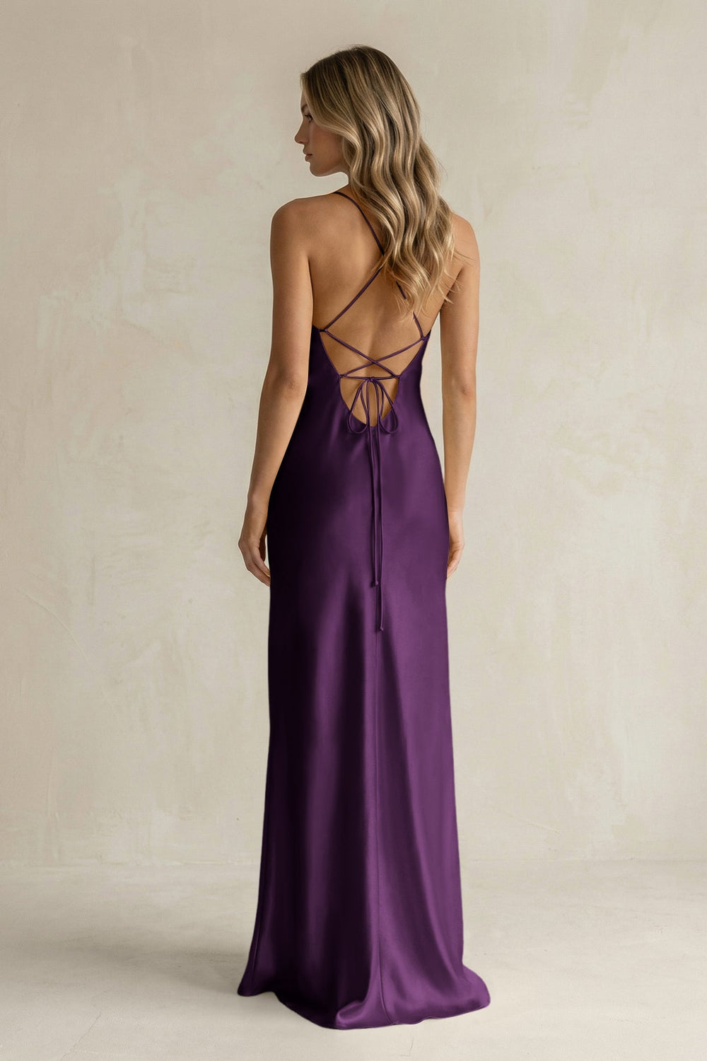 Sheath Satin Spaghetti Strap Bridesmaid Dress in Plum - KISS BRIDAL Bridesmaid Dresses