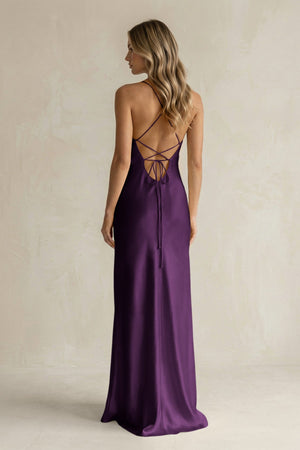 Sheath Satin Spaghetti Strap Bridesmaid Dress in Plum - KISS BRIDAL Bridesmaid Dresses