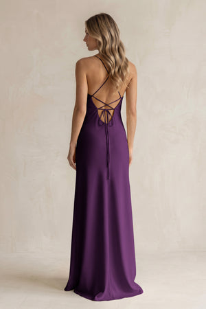 Sheath Satin Spaghetti Strap Bridesmaid Dress in Plum (2) | KISSBRIDAL