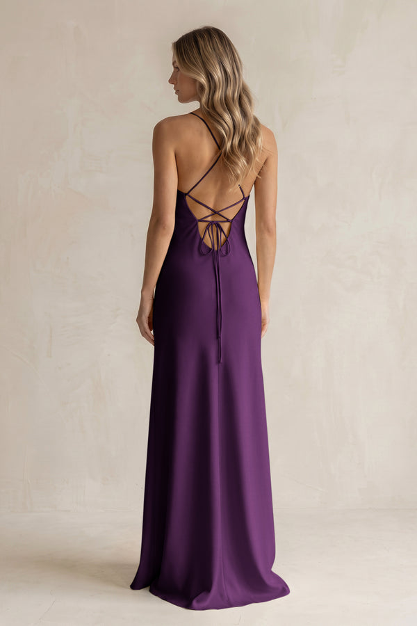 Sheath Satin Spaghetti Strap Bridesmaid Dress in Plum (2) | KISSBRIDAL