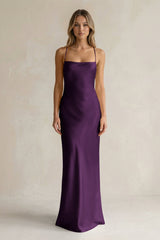 Sheath Satin Spaghetti Strap Bridesmaid Dress in Plum - KISS BRIDAL Bridesmaid Dresses