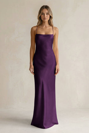 Sheath Satin Spaghetti Strap Bridesmaid Dress in Plum - KISS BRIDAL Bridesmaid Dresses