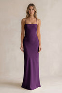 Sheath Satin Spaghetti Strap Bridesmaid Dress in Plum | KISSBRIDAL