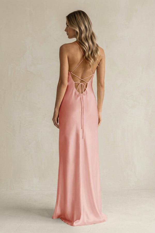 Sheath Satin Spaghetti Strap Bridesmaid Dress in Rose Petal - KISS BRIDAL Bridesmaid Dresses