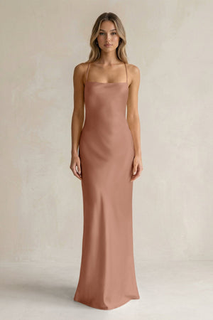 Sheath Satin Spaghetti Strap Bridesmaid Dress in Rosette - KISS BRIDAL Bridesmaid Dresses