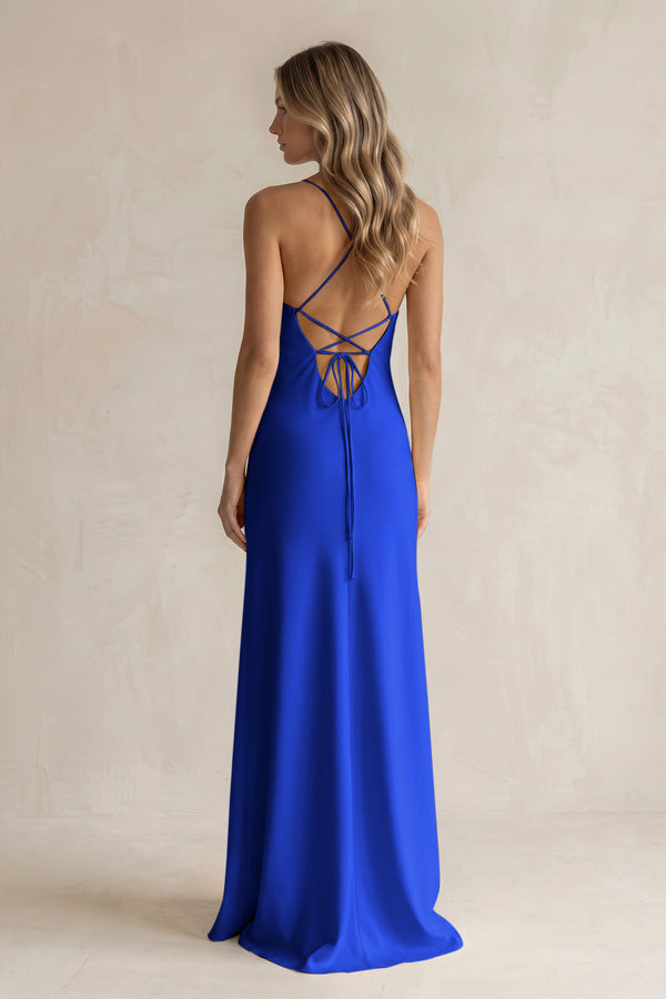 Sheath Satin Spaghetti Strap Bridesmaid Dress in Royal Blue (2) | KISSBRIDAL