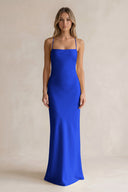 Sheath Satin Spaghetti Strap Bridesmaid Dress in Royal Blue | KISSBRIDAL