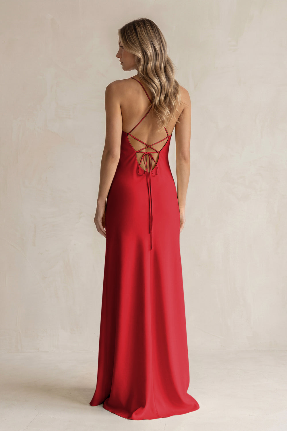 Sheath Satin Spaghetti Strap Bridesmaid Dress in Ruby Red