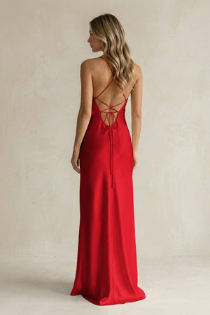 Sheath Satin Spaghetti Strap Bridesmaid Dress in Ruby Red - KISS BRIDAL Bridesmaid Dresses