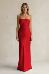 Sheath Satin Spaghetti Strap Bridesmaid Dress in Ruby Red - KISS BRIDAL Bridesmaid Dresses