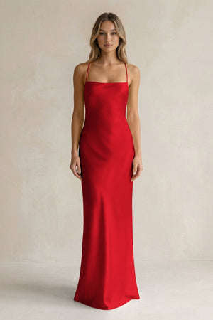 Sheath Satin Spaghetti Strap Bridesmaid Dress in Ruby Red - KISS BRIDAL Bridesmaid Dresses