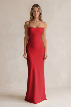 Sheath Satin Spaghetti Strap Bridesmaid Dress in Ruby Red | KISSBRIDAL